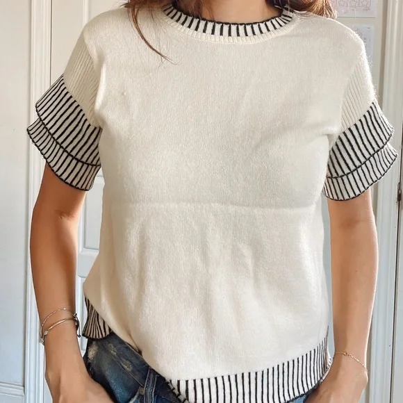 Plus Classic Striped Loose Fit Layered Sleeve Blouse